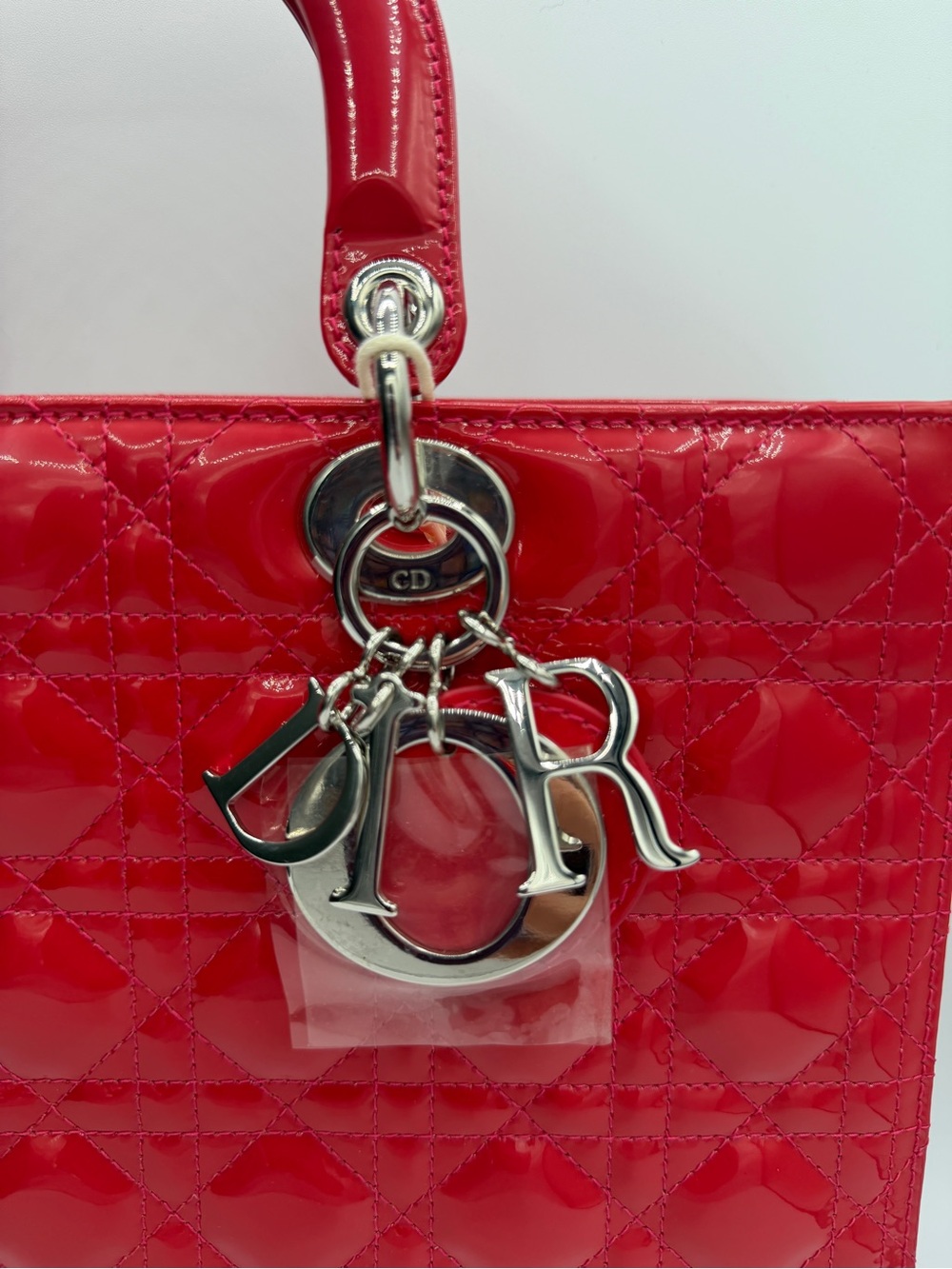 Authentic Christian Dior Large Lady Dior Patent Cannage Pink Red Patent Leather - Picture 3 of 16